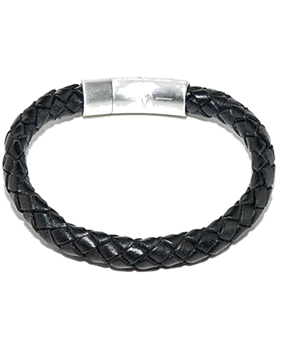 Leather Bracelet – Black Braid w/Brushed Stainless 6mm