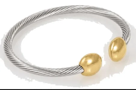 Stainless Steel Bangle – Classic Cable Gold Ends